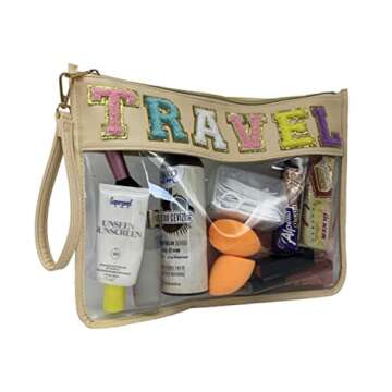 HAIBOLAN Chenille Letter Clear Bag Purse Transparent Waterproof Cosmetic Makeup Travel Patch Pouch for Women Girl Teens Ladies (small-travel)