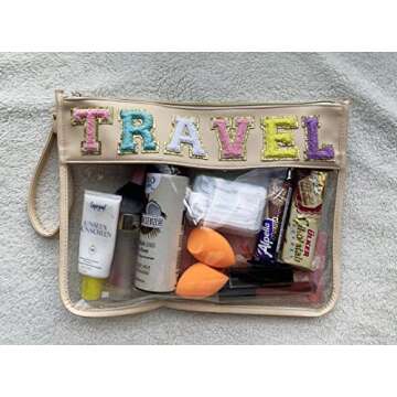 HAIBOLAN Chenille Letter Clear Bag Purse Transparent Waterproof Cosmetic Makeup Travel Patch Pouch for Women Girl Teens Ladies (small-travel)