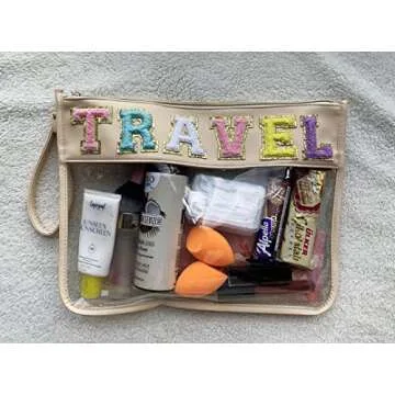 HAIBOLAN Chenille Letter Clear Bag Purse Transparent Waterproof Cosmetic Makeup Travel Patch Pouch for Women Girl Teens Ladies (small-travel)