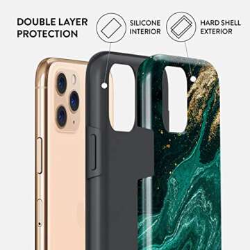 BURGA Phone Case Compatible with iPhone 11 PRO MAX - Hybrid 2-Layer Hard Shell + Silicone Protective Case -Emerald Green Jade Stone Luxury Gold Glitter Marble - Scratch-Resistant Shockproof Cover