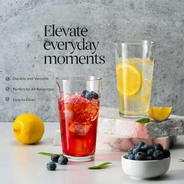 Drinking Glasses Set of 4 Highball Glass Cups 17 oz by Home Essentials Water Colins Cooler Beverage Glassware. For the Bar, Beer, Juice, Iced Tea, and Cocktails. Dishwasher Safe.