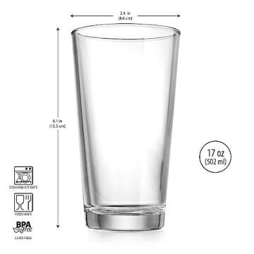 Drinking Glasses Set of 4 Highball Glass Cups 17 oz by Home Essentials Water Colins Cooler Beverage Glassware. For the Bar, Beer, Juice, Iced Tea, and Cocktails. Dishwasher Safe.