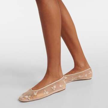 Arqa Beige Mesh Ballet Flats for Women Floral Embroidery Ballerina Shoes Comfortable Casual Slip On ...