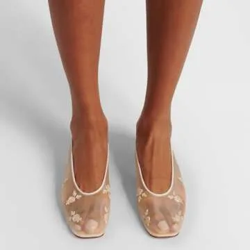 Arqa Beige Mesh Ballet Flats for Women Floral Embroidery Ballerina Shoes Comfortable Casual Slip On Flat Shoes