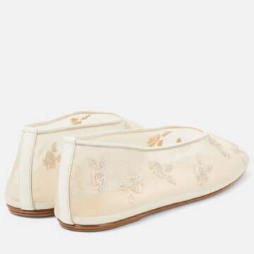 Arqa Beige Mesh Ballet Flats for Women Floral Embroidery Ballerina Shoes Comfortable Casual Slip On Flat Shoes