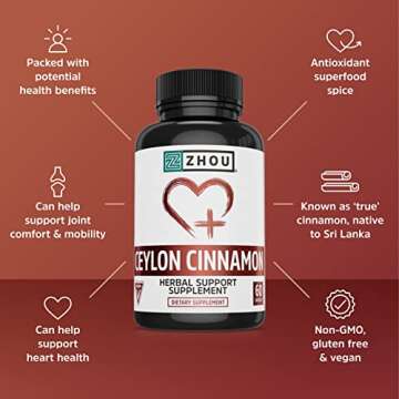 Zhou Ceylon Cinnamon | Supports Heart Health and Joint Mobility | True Cinnamon Native to Sri Lanka | 30 Servings, 60 CT