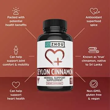 Zhou Ceylon Cinnamon | Supports Heart Health and Joint Mobility | True Cinnamon Native to Sri Lanka | 30 Servings, 60 CT