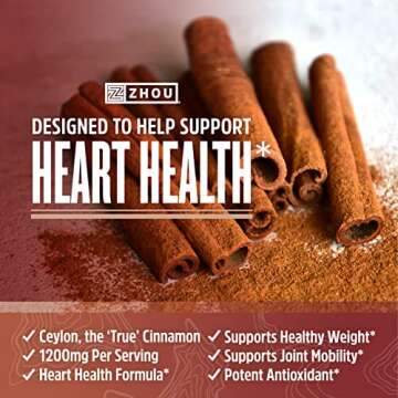 Zhou Ceylon Cinnamon | Supports Heart Health and Joint Mobility | True Cinnamon Native to Sri Lanka | 30 Servings, 60 CT