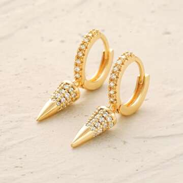 MYEARS Women Spike Earrings Gold Huggie Hoop Cone Dangle Drop Cubic Zirconia 14K Gold Plated Small Simple Hypoallergenic Everyday Jewelry