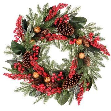 24 Inch Christmas Wreath with Berries, Pinecones, and Pine Branches - Handcrafted Holiday Decor for ...