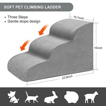 Dog Stairs for Small Dogs - 3 Tier Foam Ramp, Non-Slip Design