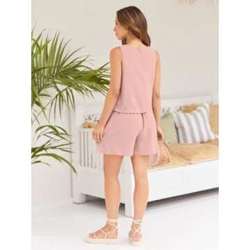 AUTOMET Womens Summer 2 Piece Outfits Vacation Casual Trendy Shorts Matching Sets Sleeveless Casual Linen Outfits 2024 Pink M