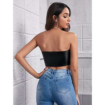 WDIRARA Women's PU Leather Tie Front Strapless Tube Top Sleeveless Slim Fit Top Black M