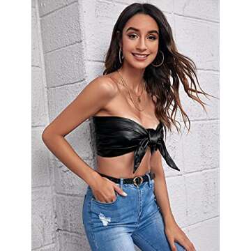 WDIRARA Women's PU Leather Tie Front Strapless Tube Top Sleeveless Slim Fit Top Black M