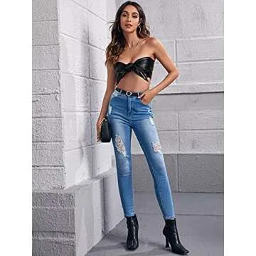 WDIRARA Women's PU Leather Tie Front Strapless Tube Top Sleeveless Slim Fit Top Black M