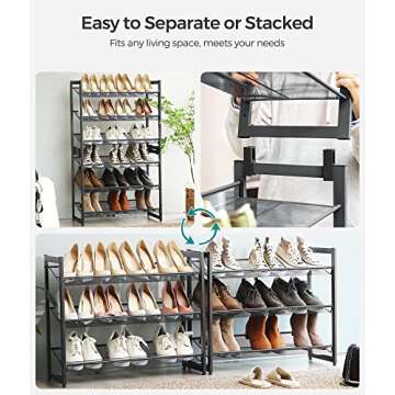 SONGMICS Shoe Rack, 6-Tier Shoe Organizer, Metal Shoe Storage for Garage, Set of 2, 3-Tier Stackable Shoe Shelf, with Adjustable Flat or Angled Shelves, 18-24 Pairs, Charcoal Gray ULMR003G02-2