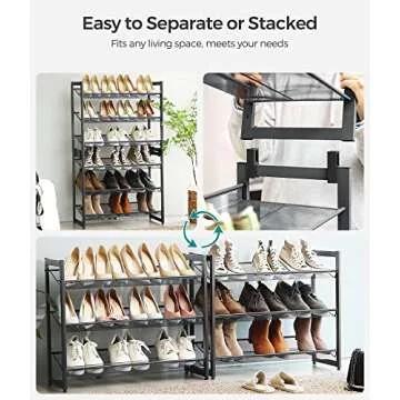 SONGMICS Shoe Rack, 6-Tier Shoe Organizer, Metal Shoe Storage for Garage, Set of 2, 3-Tier Stackable Shoe Shelf, with Adjustable Flat or Angled Shelves, 18-24 Pairs, Charcoal Gray ULMR003G02-2