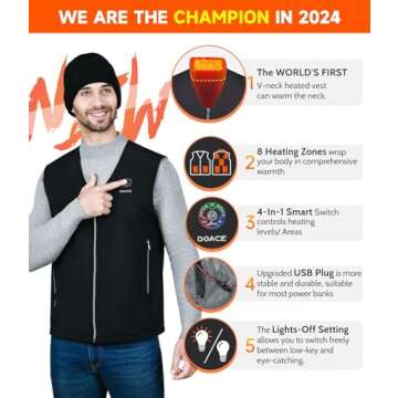 DOACE Heated Vest for Men & Women, Smart heated Jacket, Battery Not Included (US, Alpha, Large, Regular, Regular, Black)