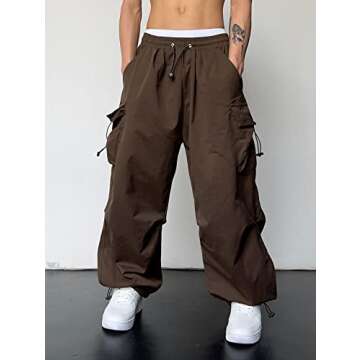 ZAFUL Flat Pocket Parachute Pants for Men Causal Baggy Cargo Pants Unisex Street Y2K Pants Drawstring Trousers Deep Coffee M