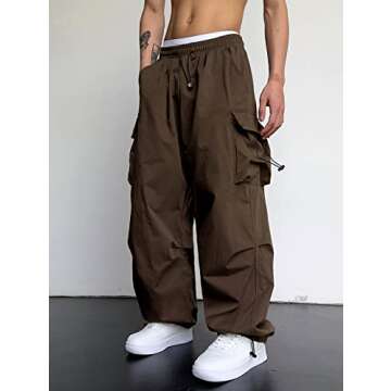 ZAFUL Flat Pocket Parachute Pants for Men Causal Baggy Cargo Pants Unisex Street Y2K Pants Drawstring Trousers Deep Coffee M