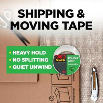 Scotch Tough Grip Moving Packing Tape - Secure Boxes Up to 80 lbs - 6 Roll Set