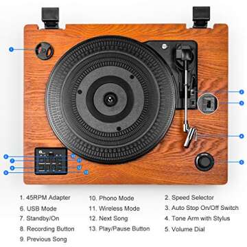 1byone Belt Driven Turntable with Built in Stereo Speaker, Wireless Connection Vintage Style Record Player, Vinyl to MP3 Recording, Natural Wood