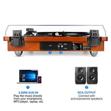 1byone Belt Driven Turntable with Built in Stereo Speaker, Wireless Connection Vintage Style Record Player, Vinyl to MP3 Recording, Natural Wood