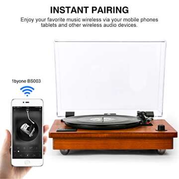 1byone Belt Driven Turntable with Built in Stereo Speaker, Wireless Connection Vintage Style Record Player, Vinyl to MP3 Recording, Natural Wood