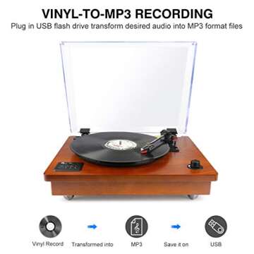 1byone Belt Driven Turntable with Built in Stereo Speaker, Wireless Connection Vintage Style Record Player, Vinyl to MP3 Recording, Natural Wood