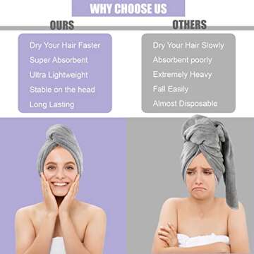 Poyday Microfiber Hair Towel Drying Wrap: 2Pack Head Dry Towel Twist Drying Turban Anti Frizz Long Quick Rapid Absorbent Women Wet Plopping Curly Hair Towel Twisty for Girls Kids Button(Gray/Purple)