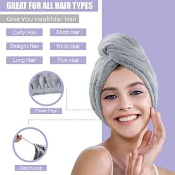 Poyday Microfiber Hair Towel Drying Wrap: 2Pack Head Dry Towel Twist Drying Turban Anti Frizz Long Quick Rapid Absorbent Women Wet Plopping Curly Hair Towel Twisty for Girls Kids Button(Gray/Purple)
