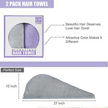 Poyday Microfiber Hair Towel Drying Wrap: 2Pack Head Dry Towel Twist Drying Turban Anti Frizz Long Quick Rapid Absorbent Women Wet Plopping Curly Hair Towel Twisty for Girls Kids Button(Gray/Purple)