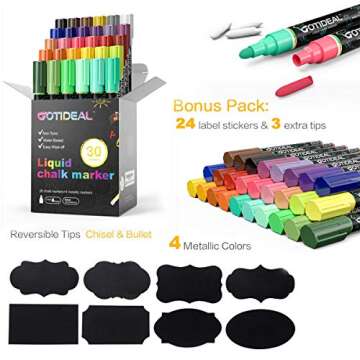 GOTIDEAL Liquid Chalk Markers, 30 colors Premium Window Chalkboard Neon Pens, Including 4 Metallic Colors, Painting and Drawing for Kids and Adults, Bistro & Restaurant, Wet Erase - Reversible Tip