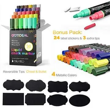 GOTIDEAL Liquid Chalk Markers, 30 colors Premium Window Chalkboard Neon Pens, Including 4 Metallic Colors, Painting and Drawing for Kids and Adults, Bistro & Restaurant, Wet Erase - Reversible Tip