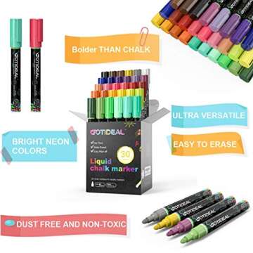 GOTIDEAL Liquid Chalk Markers, 30 colors Premium Window Chalkboard Neon Pens, Including 4 Metallic Colors, Painting and Drawing for Kids and Adults, Bistro & Restaurant, Wet Erase - Reversible Tip