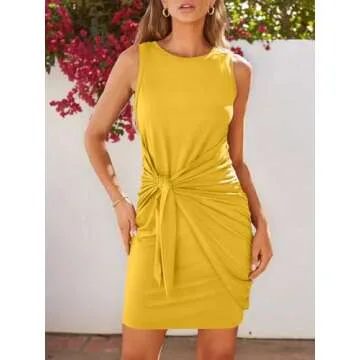 LILLUSORY Women Summer Tie Wrap Tank Short Mini Tshirt Dresses 2025 Trendy Spring Sun Vacation Outfits Casual Work Cute Bodycon Ruched Little T Shirt Sundress Clothes Yellow M