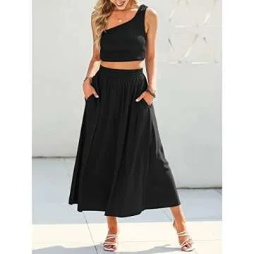 ANRABESS Women's 2 Pieces Outfits One Shoulder Smocked Crop Top & High Waist Long Skirt Dress Set with Pockets Black X-Large
