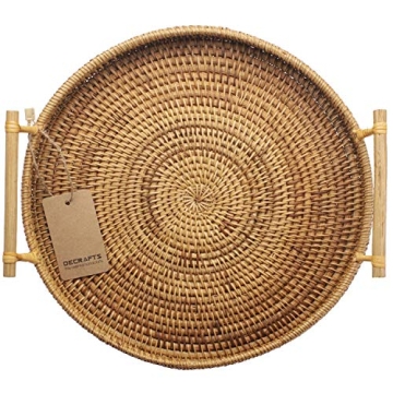 DECRAFTS Rattan Bread Basket Round Woven Cracker Tray with Handles for Serving Dinner Parties Coffee Breakfast (11 inches)