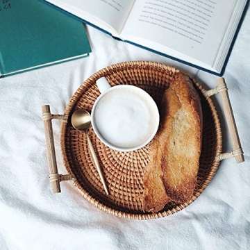 DECRAFTS Rattan Bread Basket Round Woven Cracker Tray with Handles for Serving Dinner Parties Coffee Breakfast (11 inches)