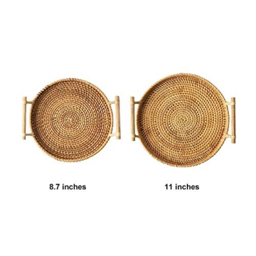 DECRAFTS Rattan Bread Basket Round Woven Cracker Tray with Handles for Serving Dinner Parties Coffee Breakfast (11 inches)