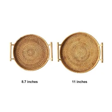 DECRAFTS Rattan Bread Basket Round Woven Cracker Tray with Handles for Serving Dinner Parties Coffee Breakfast (11 inches)