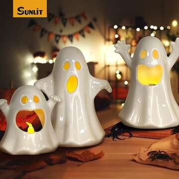 Sunlit Ceramic Ghost with 3 Tea Lights, Spooky Candle Holder Set of 3, Tabletop Indoor Halloween Dec...