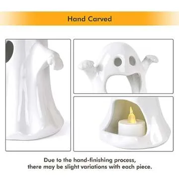 Sunlit Ceramic Ghost with 3 Tea Lights, Spooky Candle Holder Set of 3, Tabletop Indoor Halloween Decorations for Holiday Party Home, Spooky Sculptures Ghost Figurines, White