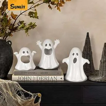 Sunlit Ceramic Ghost with 3 Tea Lights, Spooky Candle Holder Set of 3, Tabletop Indoor Halloween Decorations for Holiday Party Home, Spooky Sculptures Ghost Figurines, White