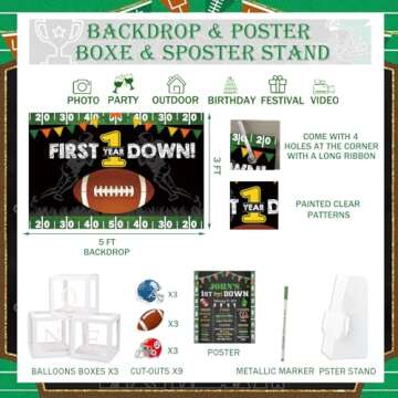 Fiesec First Year Down Football Birthday Party Decorations, Football Touchdown 1st Birthday Decorations Balloon Garland Backdrop Photo Highchair Banner Cake Topper Box Cutout Crown Poster 136 PCs