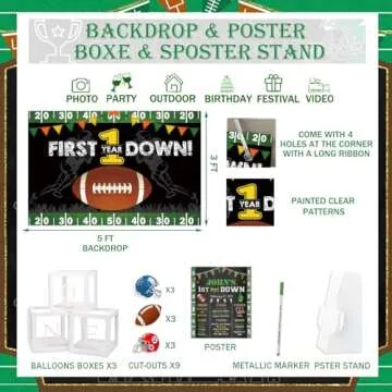Fiesec First Year Down Football Birthday Party Decorations, Football Touchdown 1st Birthday Decorations Balloon Garland Backdrop Photo Highchair Banner Cake Topper Box Cutout Crown Poster 136 PCs