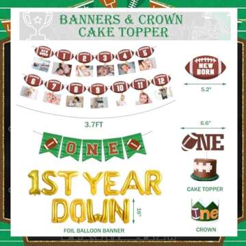 Fiesec First Year Down Football Birthday Party Decorations, Football Touchdown 1st Birthday Decorations Balloon Garland Backdrop Photo Highchair Banner Cake Topper Box Cutout Crown Poster 136 PCs