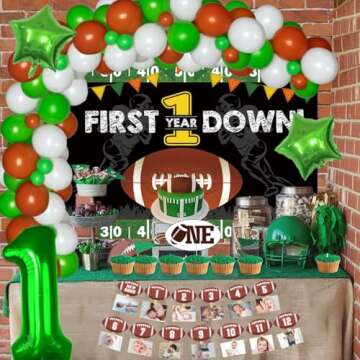 Fiesec First Year Down Football Birthday Party Decorations, Football Touchdown 1st Birthday Decorations Balloon Garland Backdrop Photo Highchair Banner Cake Topper Box Cutout Crown Poster 136 PCs