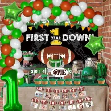 Fiesec First Year Down Football Birthday Party Decorations, Football Touchdown 1st Birthday Decorations Balloon Garland Backdrop Photo Highchair Banner Cake Topper Box Cutout Crown Poster 136 PCs