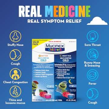 Mucinex Children's Day & Night Combo Pack, Kids Cold Medicine / Kids Cough Medicine, Daytime Cold Medicine & Night Time Cold and Flu Medicine, Mucinex Kids Medicine, Berry Flavor Liquid (2 X 4 Fl Oz)